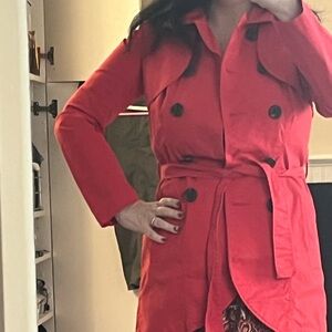 CAbi Red Trench Coat with Belt and Wide Collar